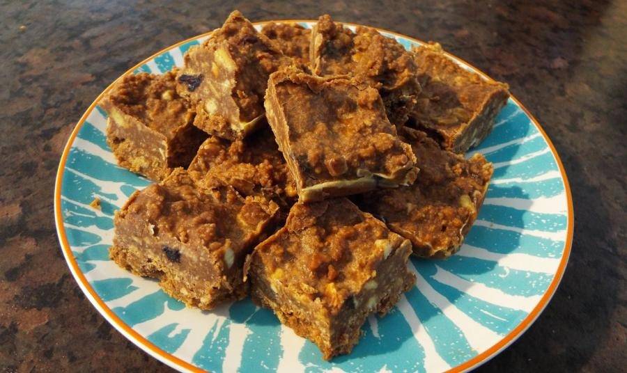Chocolate tiffin squares on a plate