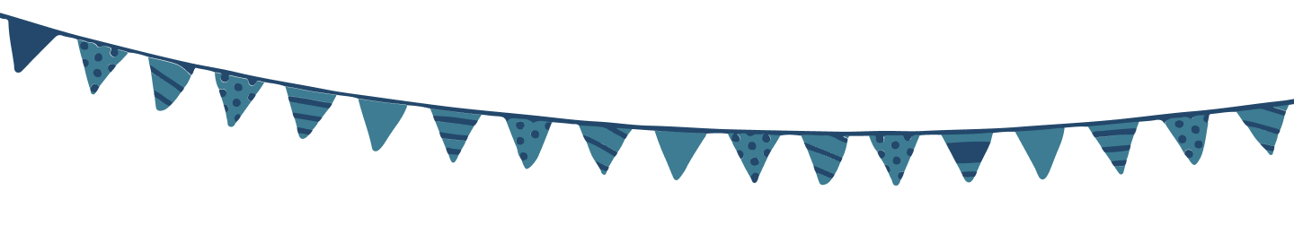 Illustrative bunting string in teal and navy blue.