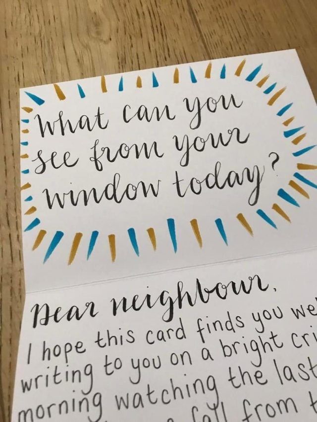 Card against loneliness - a card with 'What can you see from your window today' and a handwritten message below