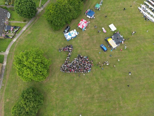 Group of people arranged together so the photo from above shows a swan.