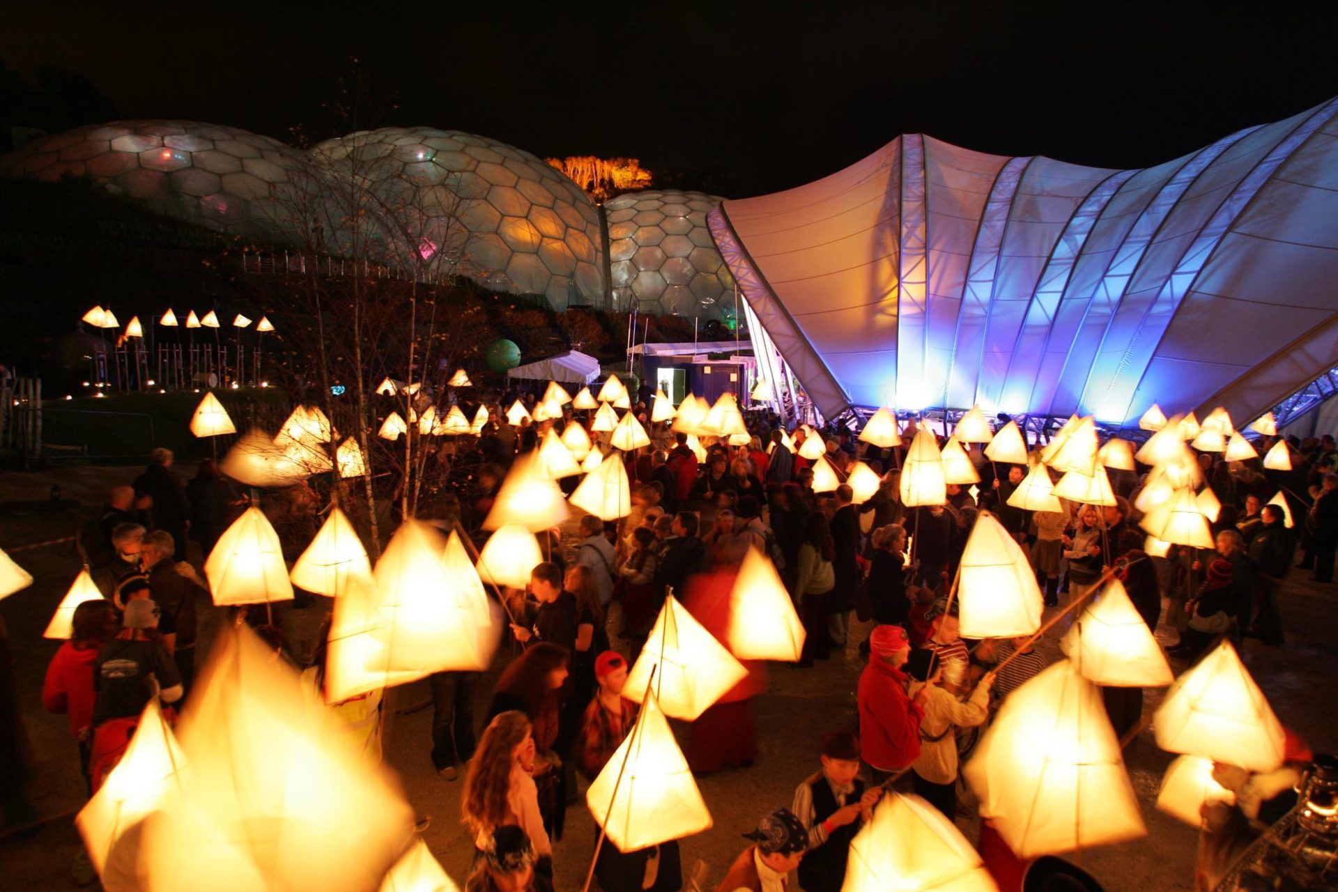 Lanterns in front of one of the biomes at the Eden Project