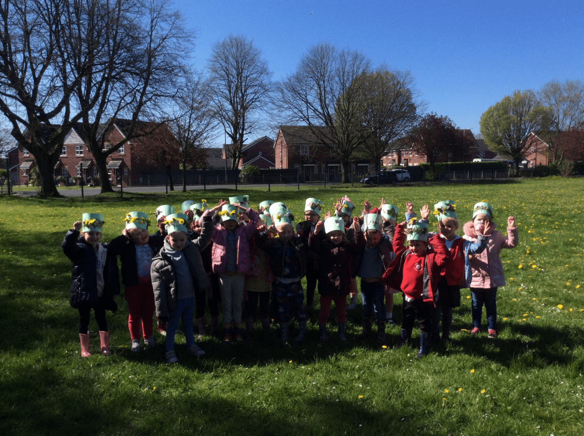 Duke Street Primary School children wearing homemade nature crowns for a wild crowns competition