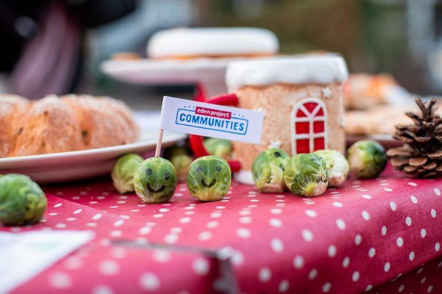 A bunch of sprouts on a table with smiley faces drawn on and an Eden Project Communities flag sticking out.