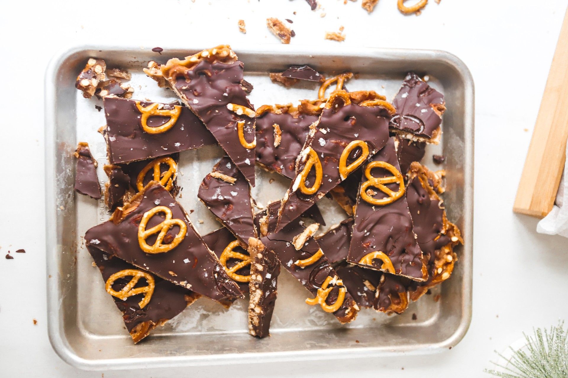 Salted toffee bark - chocolate shards with pretzel pieces on top