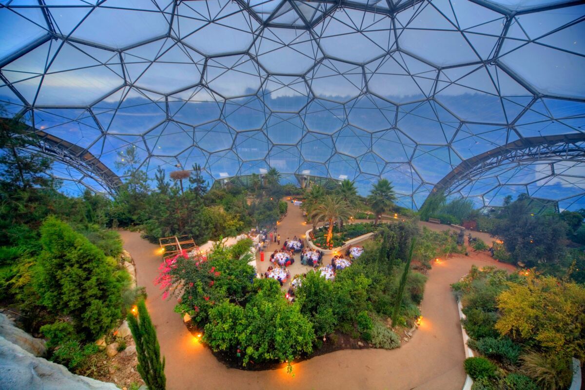 People sat around tables in the Mediterranean Biome. The photo is taken from a height, with the panels of the biome visible in the background.