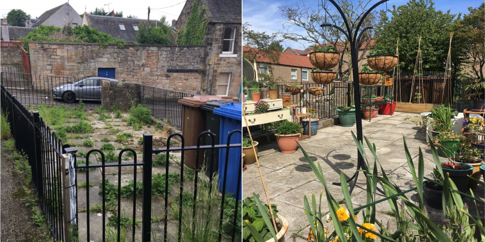 On the left hand side is an enclosed area of patio next to a road. Weeds are growing in the cracks and the space looks unused and unloved. On the right is the same space, but it's now filled with colourful planters and upcylced items. The patio is free of weeds and it's a pleasant space to look at.