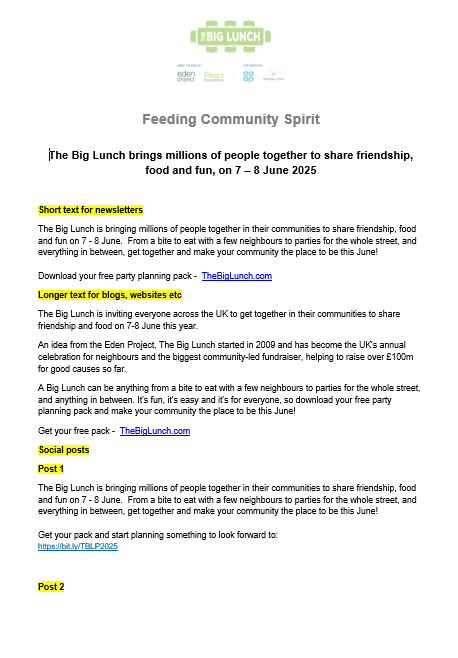 The Big Lunch communications toolkit 2025 - image of a word document with text