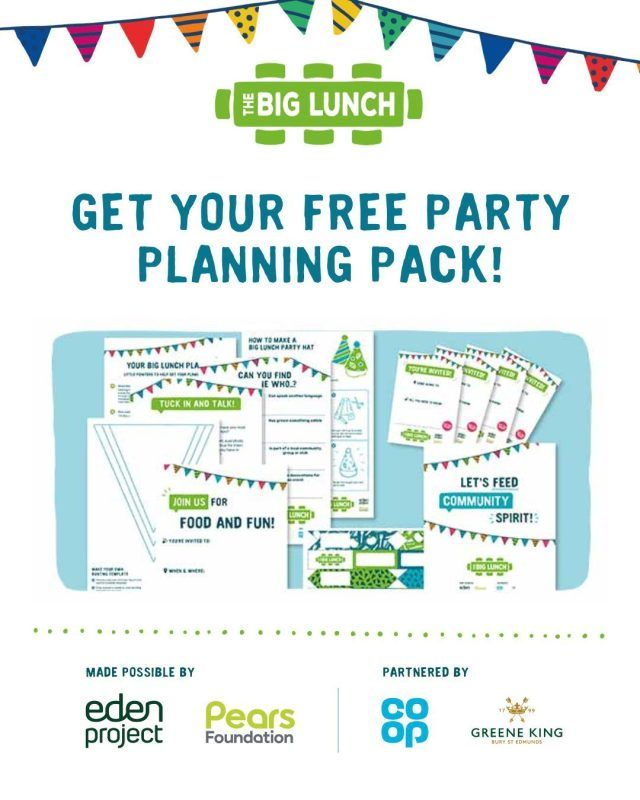 The Big Lunch social media graphic with 'Get your free party planning pack!' and images of the pack resources