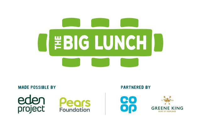 The Big Lunch 2025 logo with Eden Project, Pears Foundation, Co-op and Greene King images below